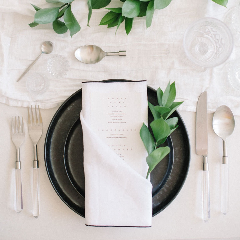 Stone Washed Linen Napkins – White with Black Trim (Set of 4)