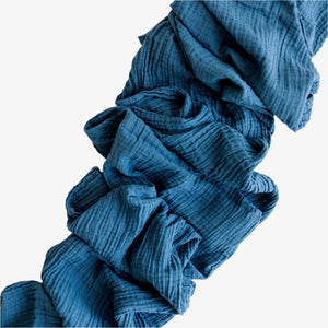 Marine Blue organic cotton runner in denim blue with crinkled texture, 156 inches long