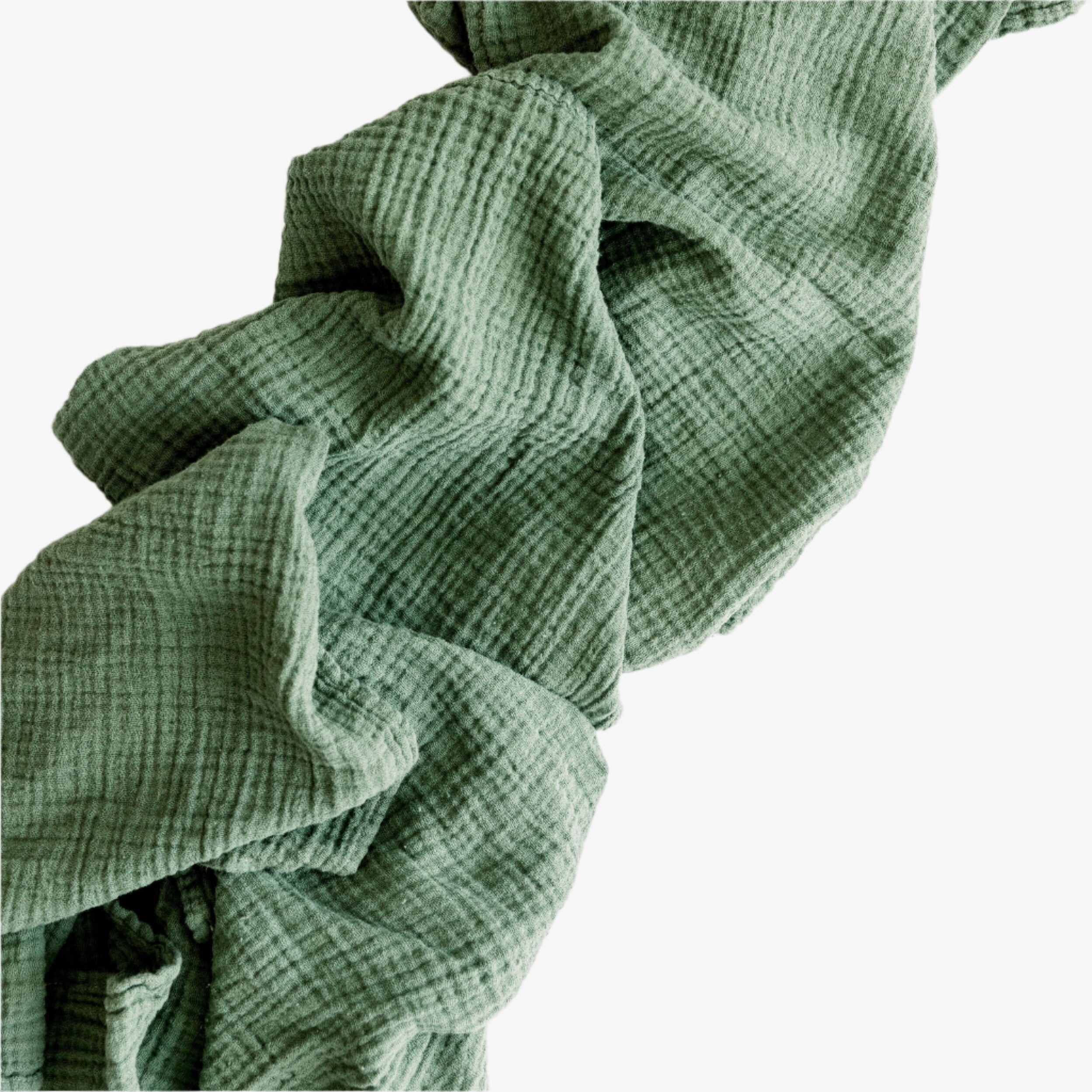 Olive organic cotton runner in medium neutral green with crinkled texture, 156 inches long