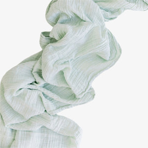 Sage organic cotton runner in light minty green with crinkled texture, 156 inches long