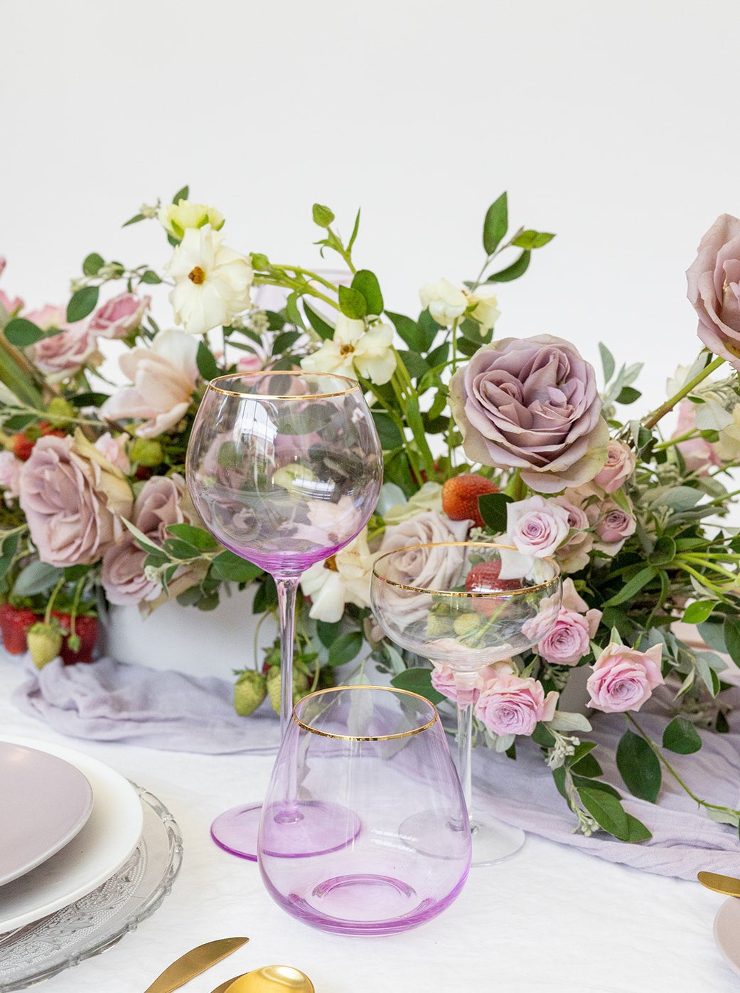 Siren Short Stemless Goblets – Misty Lilac with Gold Rim (Set of 4)