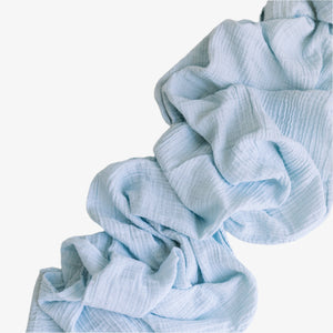 Tuscan Blue organic cotton runner in soft blue with crinkled texture, 156 inches long
