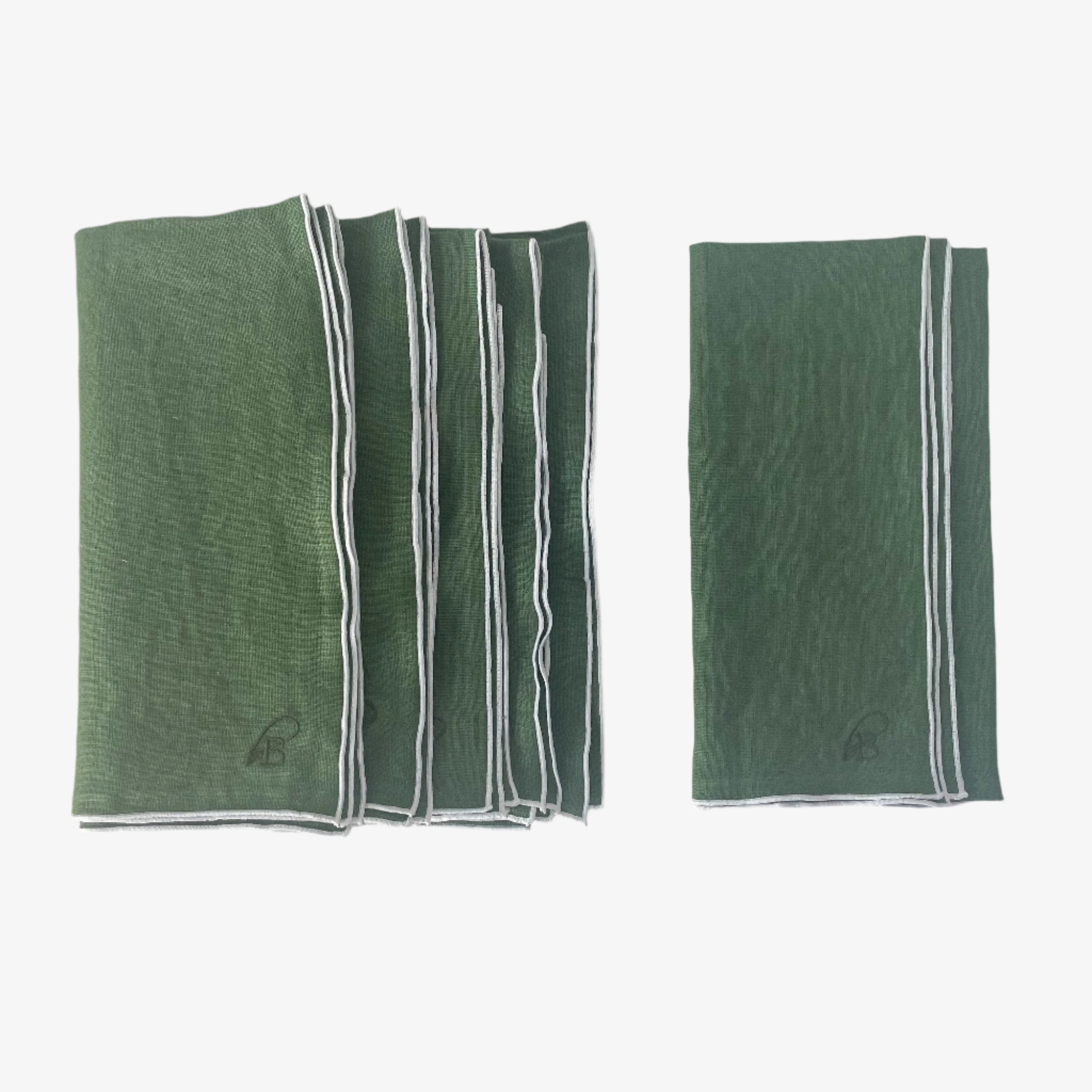 Olive stone washed linen napkin in medium neutral green with white surged stitch edge, set of 4