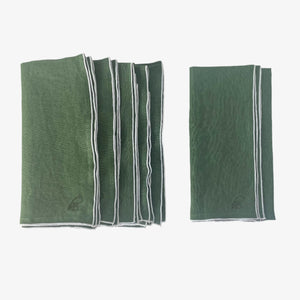 Olive stone washed linen napkin in medium neutral green with white surged stitch edge, set of 4