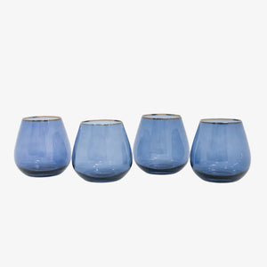 Siren Short Stemless Goblets – Atlantic Blue with Gold Rim (Set of 4)