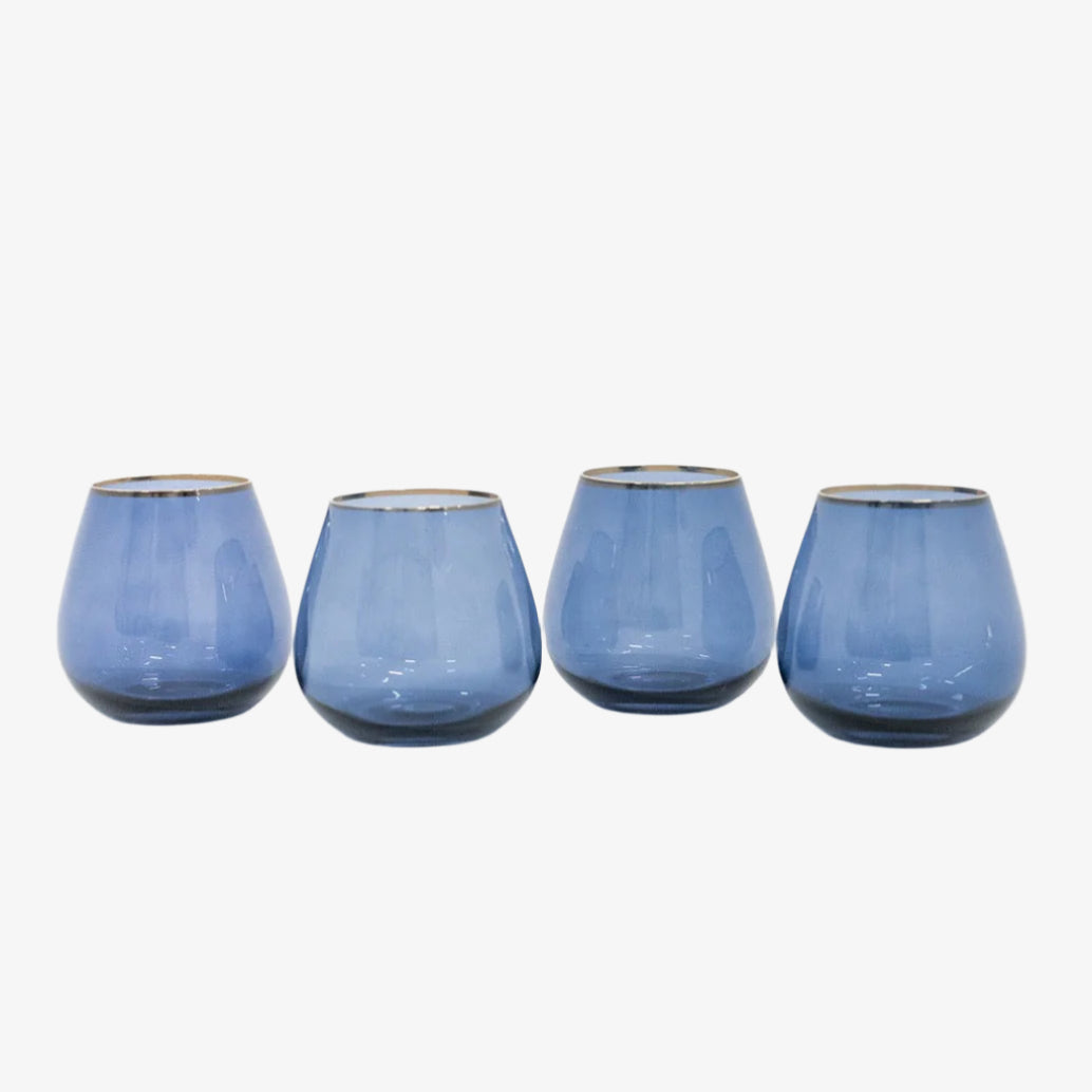 Siren Short Stemless Goblets – Atlantic Blue with Gold Rim (Set of 4)