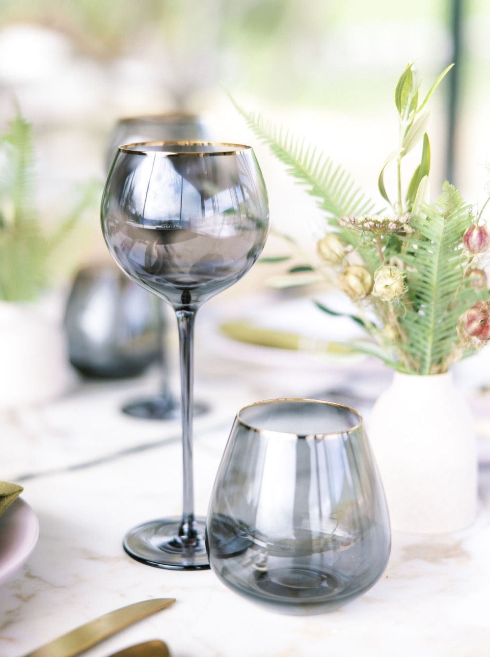 Siren Short Stemless Goblets – Charcoal with Gold Rim (Set of 4)