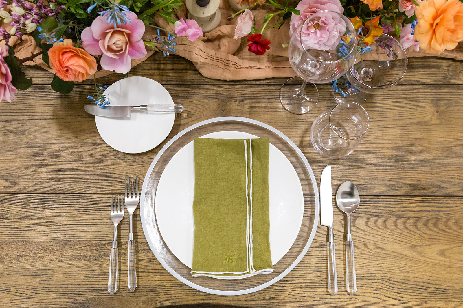 Stone Washed Linen Napkins – Moss with White Trim (Set of 4)