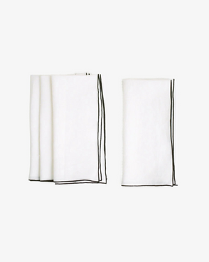 White stone washed linen napkin with black surged stitch edge, set of 4