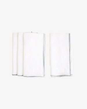 White stone washed linen napkin with grey surged stitch edge, set of 4