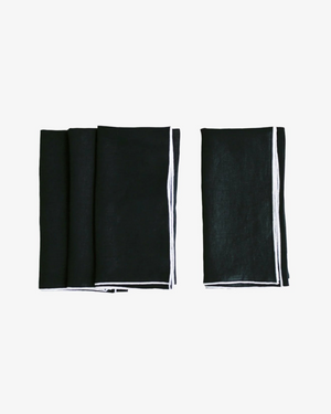 Black stone washed linen napkin with white surged stitch edge, set of 4