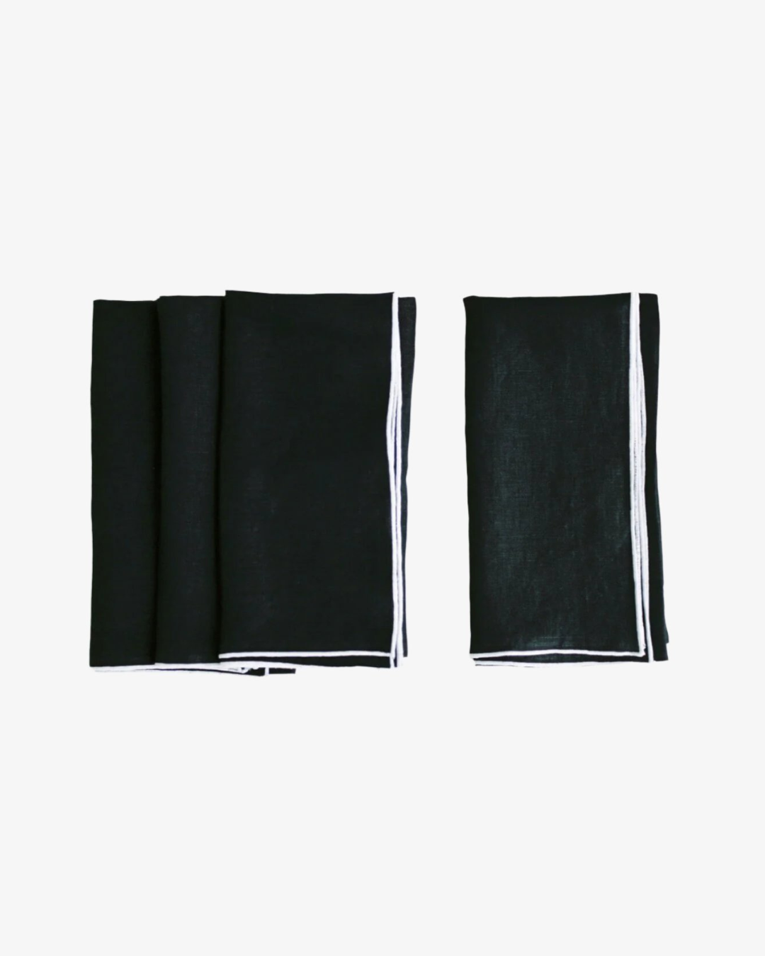 Black stone washed linen napkin with white surged stitch edge, set of 4