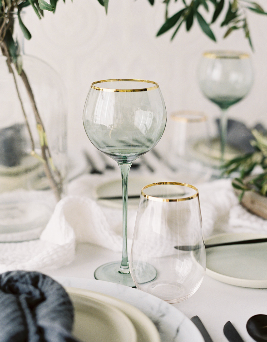 Siren White Wine Goblets – Sage with Gold Rim (Set of 4)